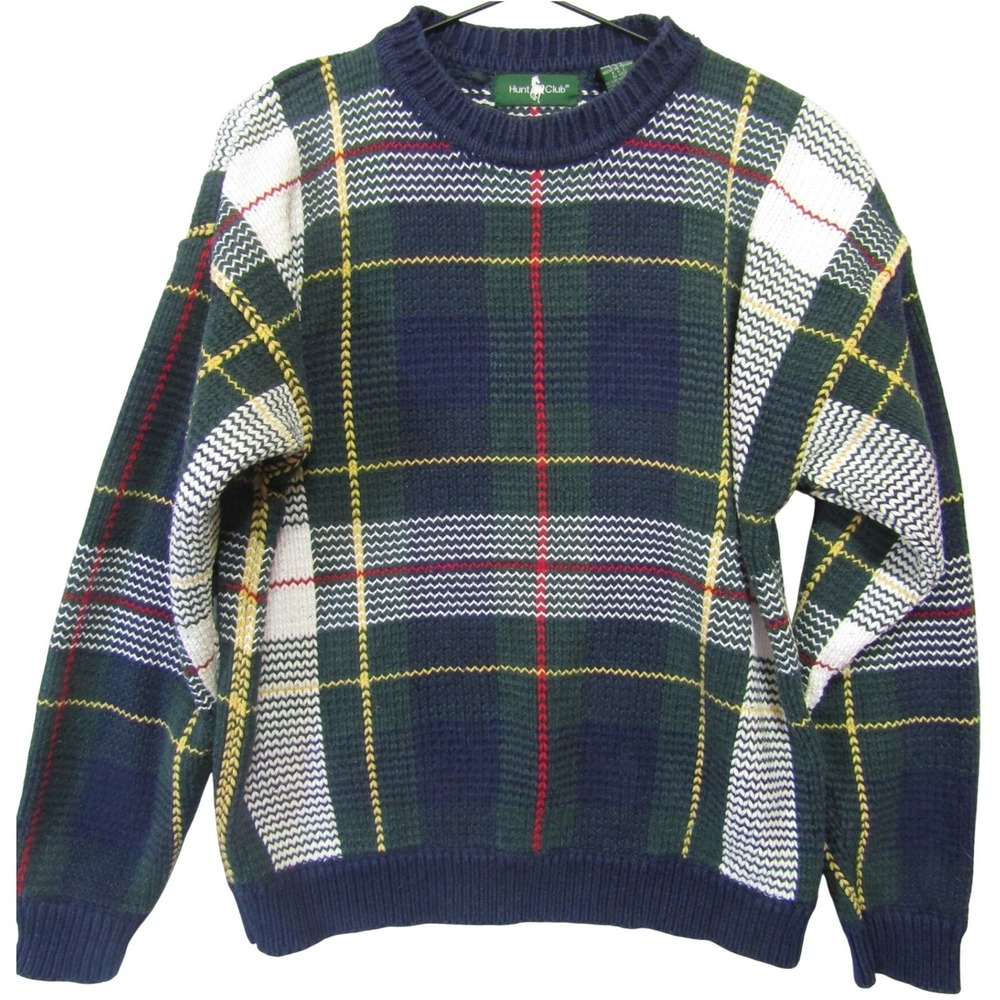 Hunt Club Plaid Crewneck Sweater Mens Medium Green Blue Cotton Vintage Excellent